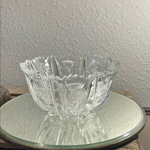 Pressed Glass Footed Decorative Bowl - Clear Glass Bee Mark Higbee